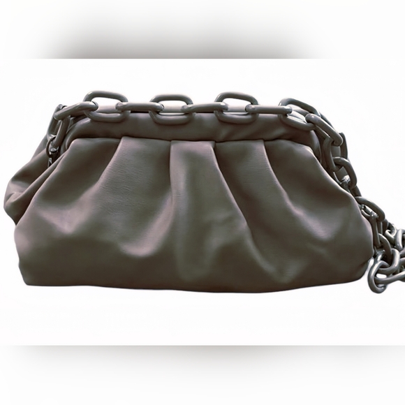 NWT Badgley Mischka Vegan Leather Frame Clutch Taupe BM Logo Convertible Strap - Picture 6 of 10